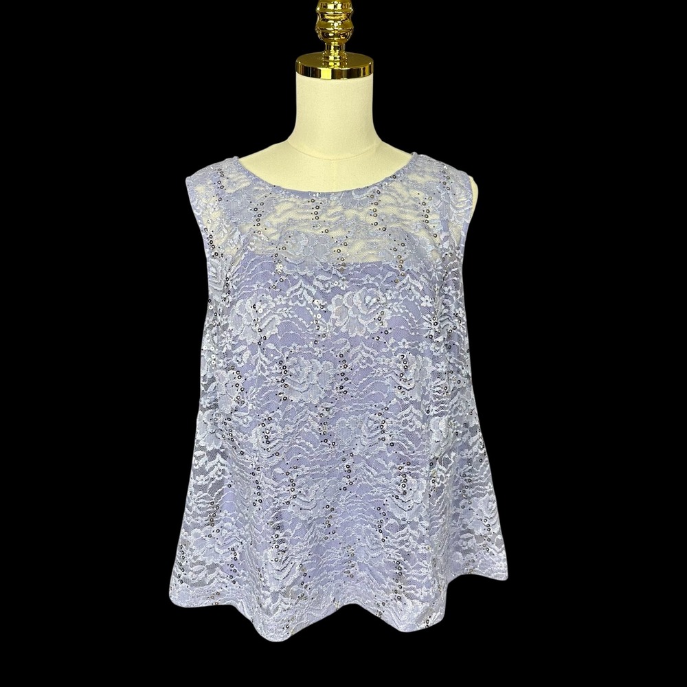 Lavender Floral Lace Sequin Sleeveless‎ Blouse Scoop Neck Purple Lined Top